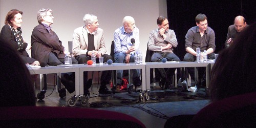 Round-table discussion. From left to right: Marie-Christine Questerbert, Richard Copans, Jean Narboni, Luc Moullet, Fabrice Revault d’Allonnes, Emmanuel Burdeau, and Roger Rotmann of the Centre Pompidou.