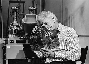 Photo by Charles Levi. I structured the image to speak about Nick, rather than giving him space to reveal himself. He's by a moviola, reading Zap Comix, eye-patch and magnifying-glass to the fore, and one of his beloved Disques Bleus in his mouth. He felt that the beat of the moviola engine was an important determinant in the cutting rhythm of Hollywood films, whilst, when he first went to Hollywood, he used to hang out with film editors discussing the visuals of forties comic strips.